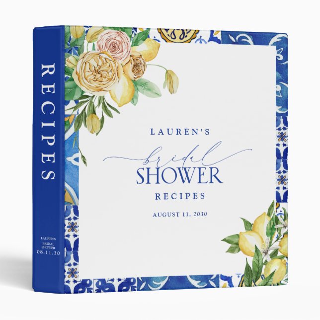 Elegant Mediterranean Lemon Bridal Shower Recipe 3 Ring Binder (Front/Spine)