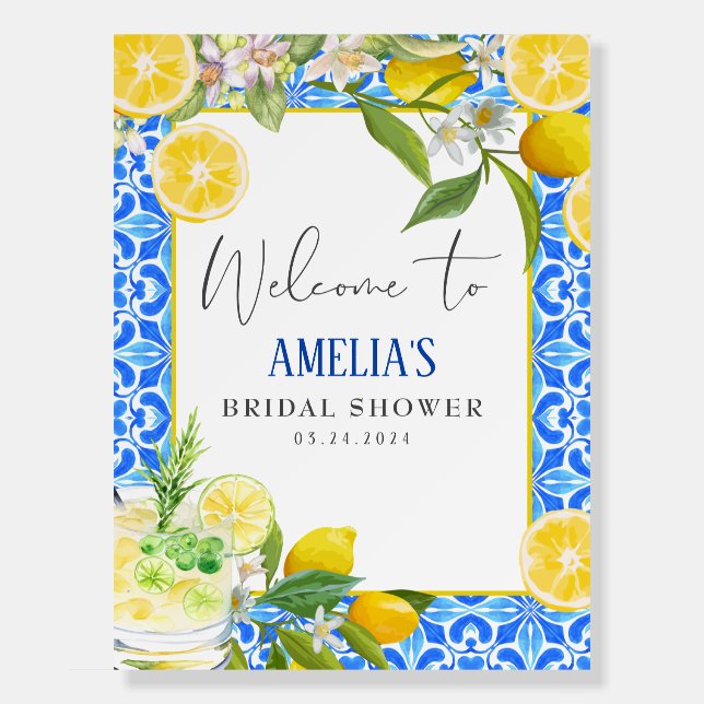 Elegant Mediterranean Lemon Bridal Shower Welcome  Foam Board (Front)