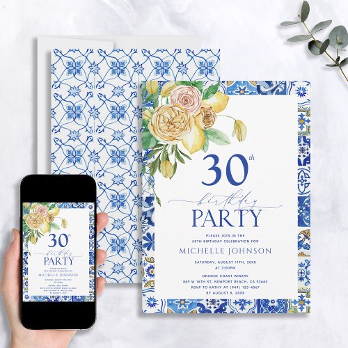Elegant Mediterranean Lemon Floral 30th Birthday Invitation