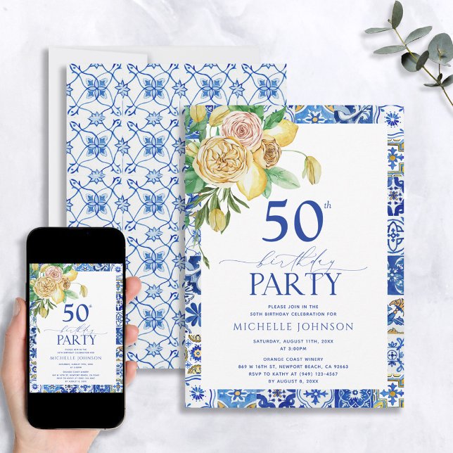 Elegant Mediterranean Lemon Floral 50th Birthday Invitation (Creator Uploaded)