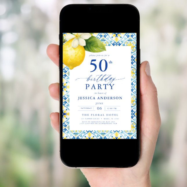 Elegant Mediterranean Lemon Floral 50th Birthday Invitation (Front Digital)