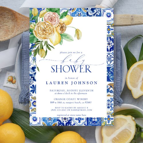 Elegant Mediterranean Lemon Floral Baby Shower Invitation