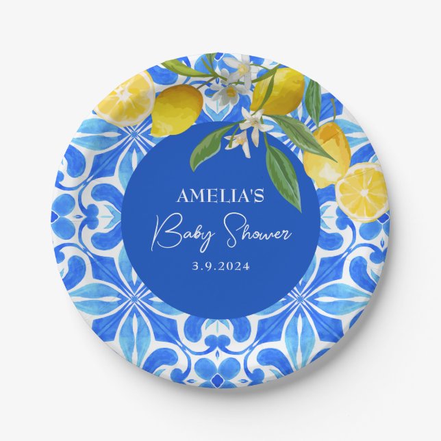 Elegant Mediterranean Lemon Floral Baby  Shower  Paper Plates (Front)