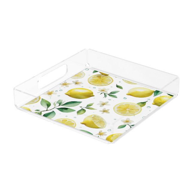 Elegant Mediterranean Lemon Floral birthday party Acrylic Tray (Angled)