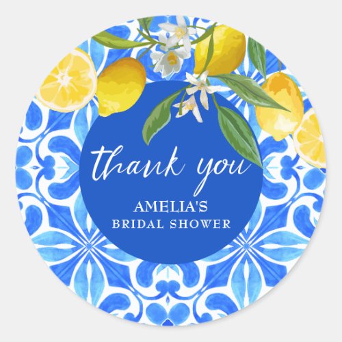 Elegant Mediterranean Lemon Floral Bridal Shower  Classic Round Sticker