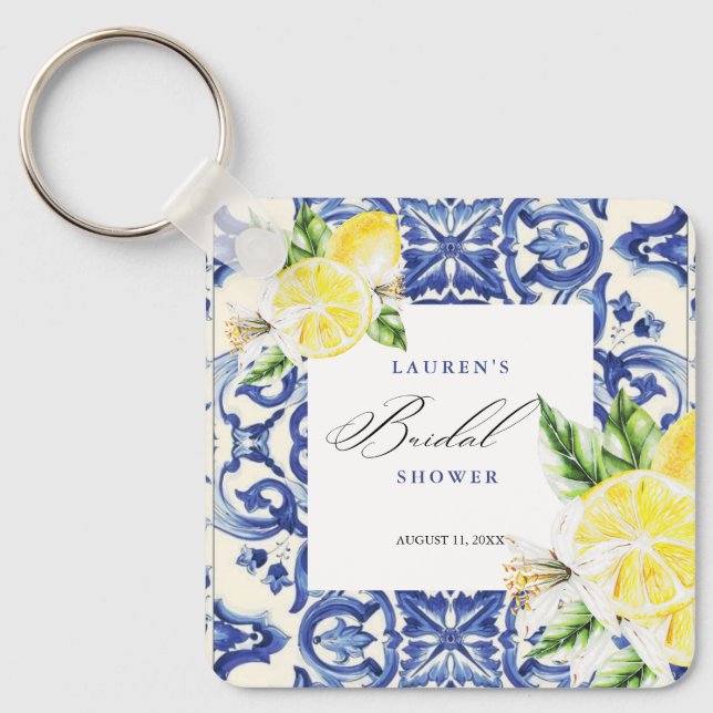 Elegant Mediterranean Lemon Floral Bridal Shower Keychain (Front)