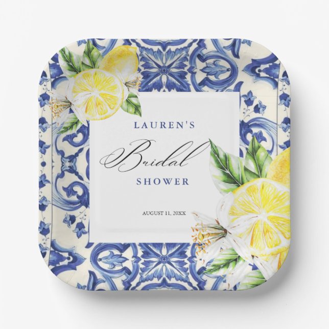 Elegant Mediterranean Lemon Floral Bridal Shower Paper Plates (Front)