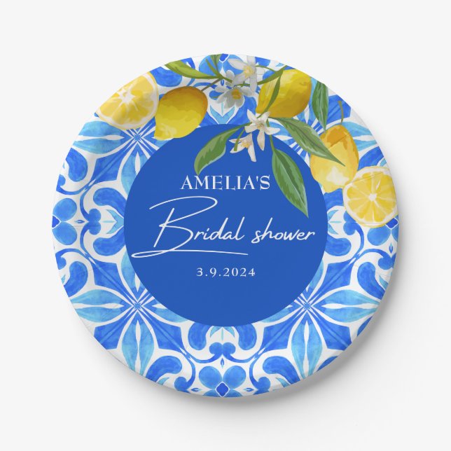 Elegant Mediterranean Lemon Floral Bridal Shower  Paper Plates (Front)