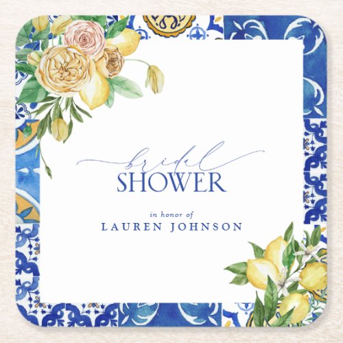 Elegant Mediterranean Lemon Floral Bridal Shower Square Paper Coaster