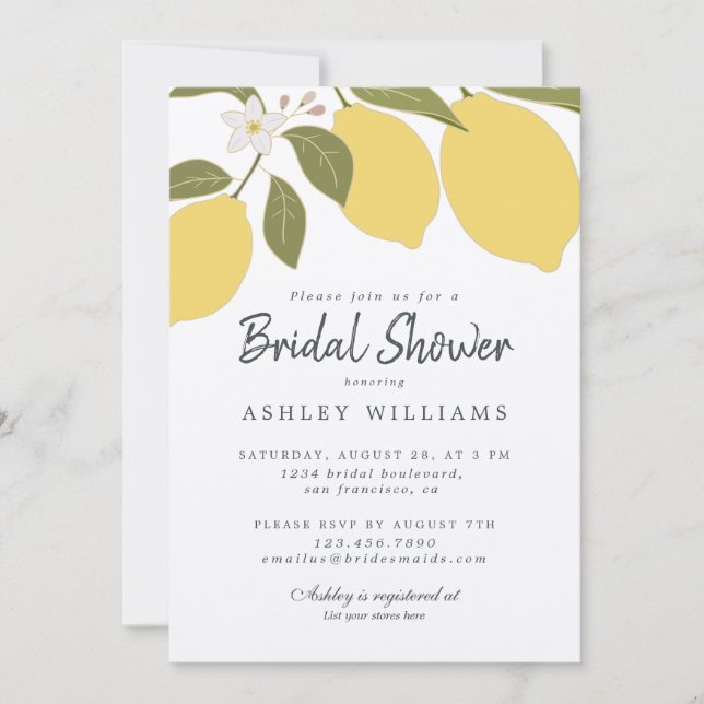 Elegant Mediterranean Lemon Theme Bridal Shower Invitation (Front)