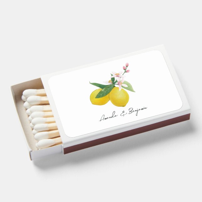 Elegant Mediterranean Lemon-Themed Wedding Favor Matchboxes (Front Open)