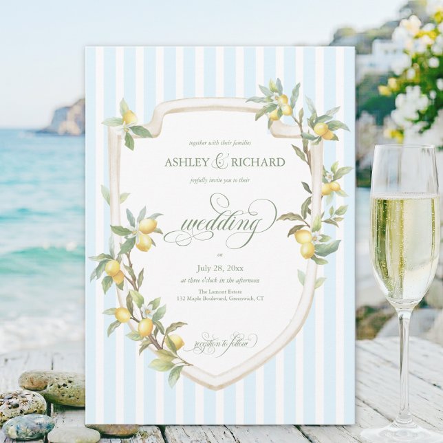 Elegant Mediterranean Lemon Wedding Invitation (Mediterranean citrus lemon pale blue white coastal stripe wedding invitation with calligraphy script)