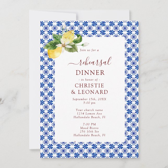 Elegant Mediterranean Lemons Rehearsal  Invitation (Front)