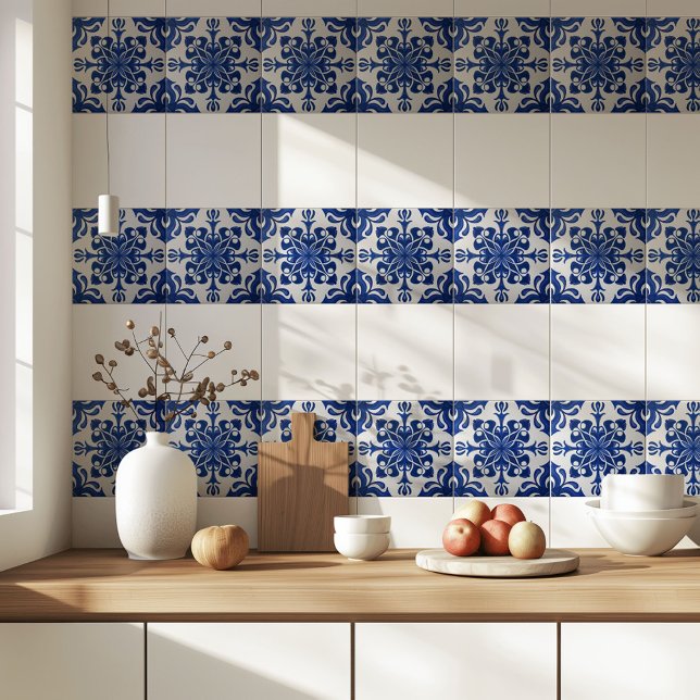 Elegant Mediterranean Navy Blue White Pattern Ceramic Tile (Creator Uploaded)
