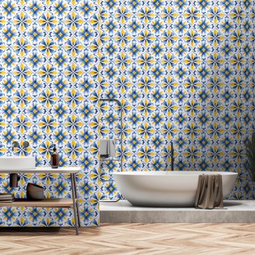 Elegant Mediterranean Pattern Blue Yellow Wallpaper