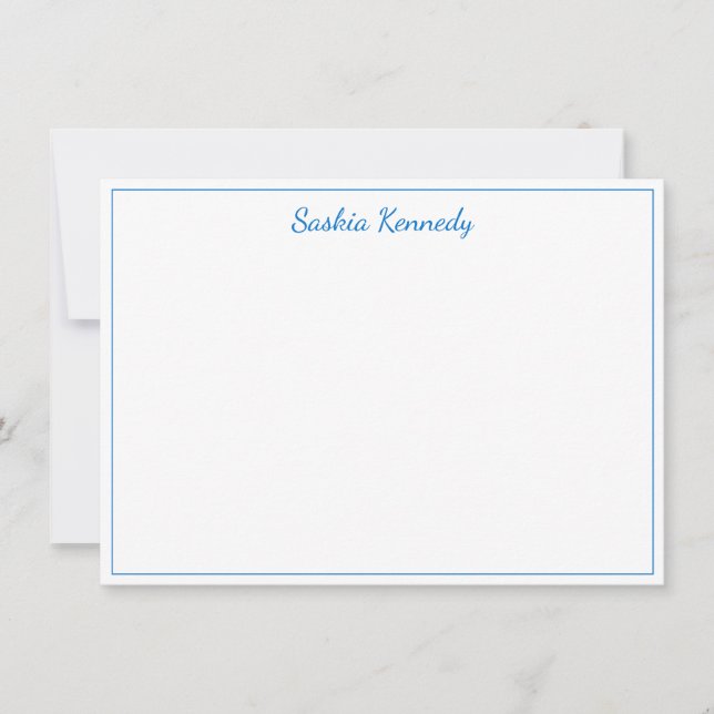 Elegant Medium Blue Script Border Personalized Note Card (Front)