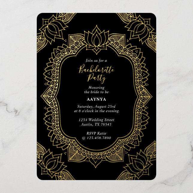 Elegant Mehndi Bachelorette Party Gold Foil Invitation (Front)