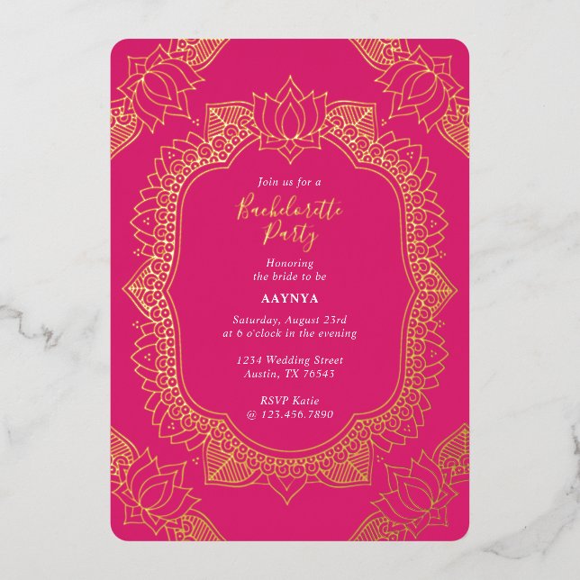 Elegant Mehndi Bachelorette Party Gold Foil Invitation (Front)
