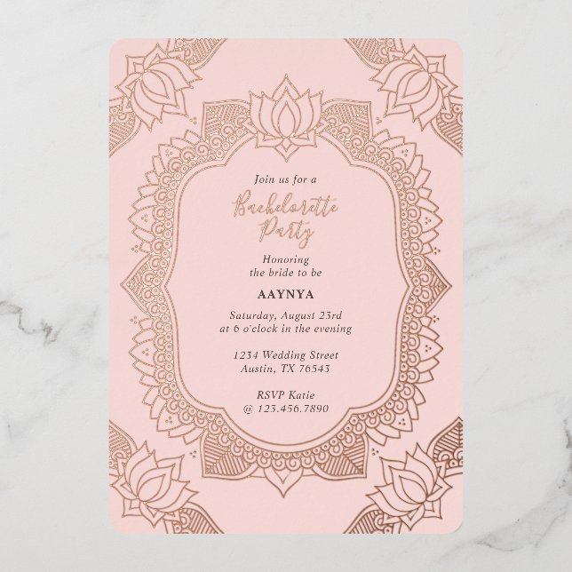 Elegant Mehndi Bachelorette Party Rose Gold Foil Invitation (Front)