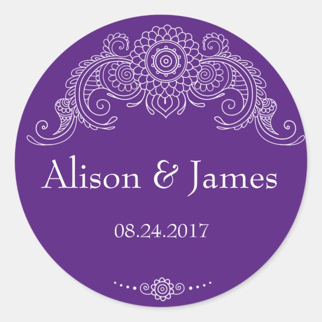 Elegant Mehndi design round stickers-purple Classic Round Sticker (Front)