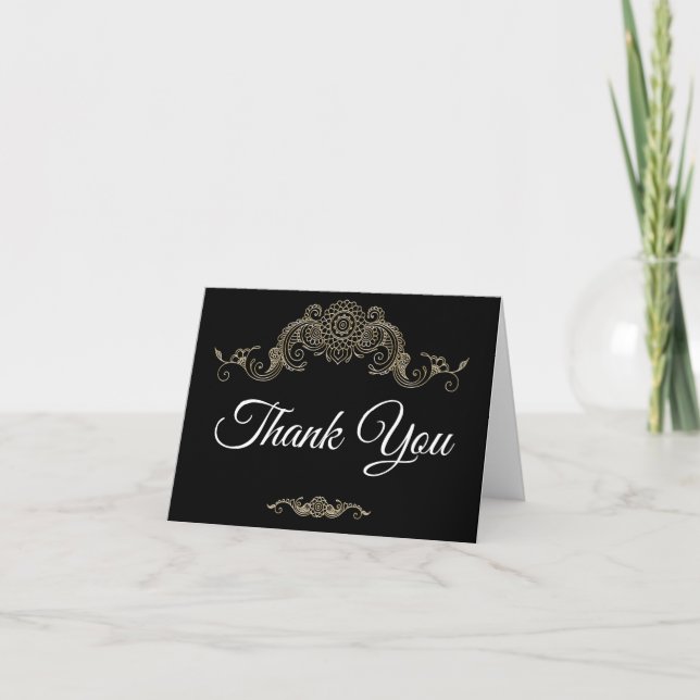 Elegant Mehndi design thank you card-black (Front)