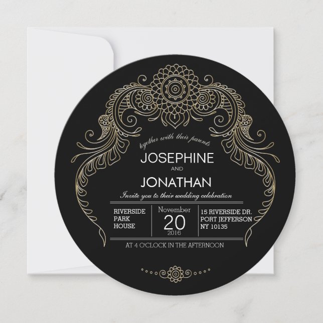 Elegant Mehndi Design wedding invitation-black Invitation (Front)