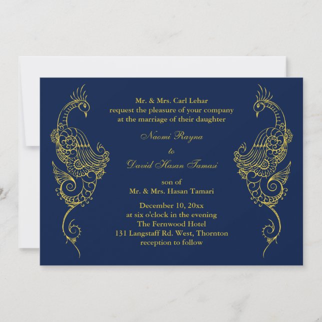 Elegant Mehndi Peacock Wedding Invitation - Navy (Front)
