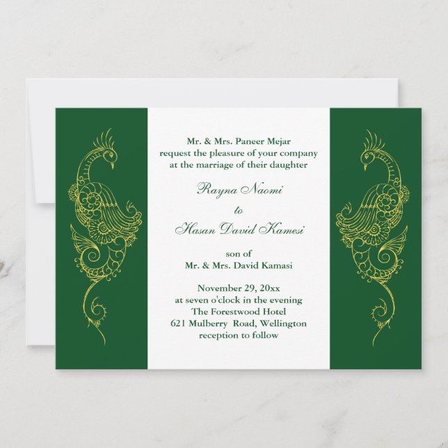 Elegant Mehndi Peacock Wedding Invite Green White (Front)