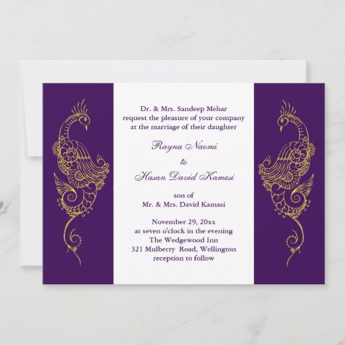 Elegant Mehndi Peacock Wedding Invite Purple White
