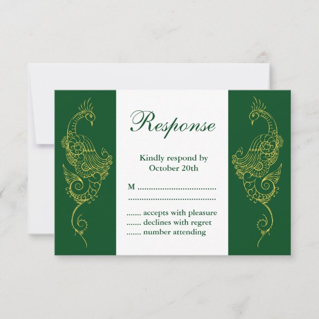 Elegant Mehndi Peacock Wedding RSVP Green White (Front)