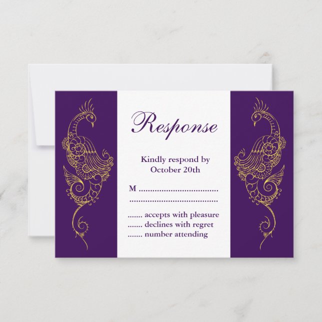 Elegant Mehndi Peacock Wedding RSVP Purple White Card (Front)