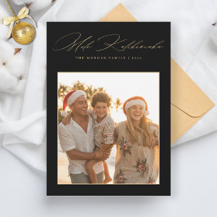 Elegant Mele Kalikimaka Black Gold Tropical Photo Holiday Card