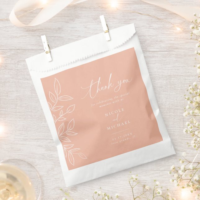 Elegant Melon Pink Leaves Wedding Thank You Favor Bag (Clipped)