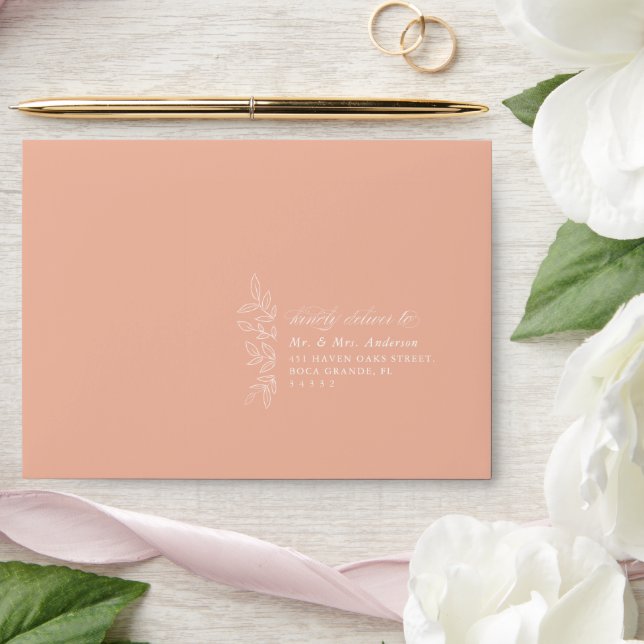 Elegant Melon Pink Minimal Boho Leaf Wedding Envelope (Wedding)