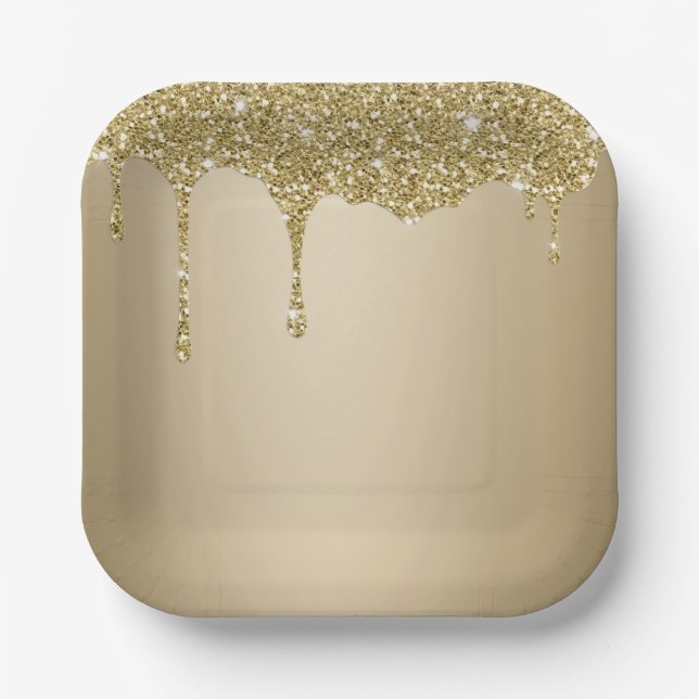 Elegant Melting Gold Glittery Glam Paper Plates (Front)