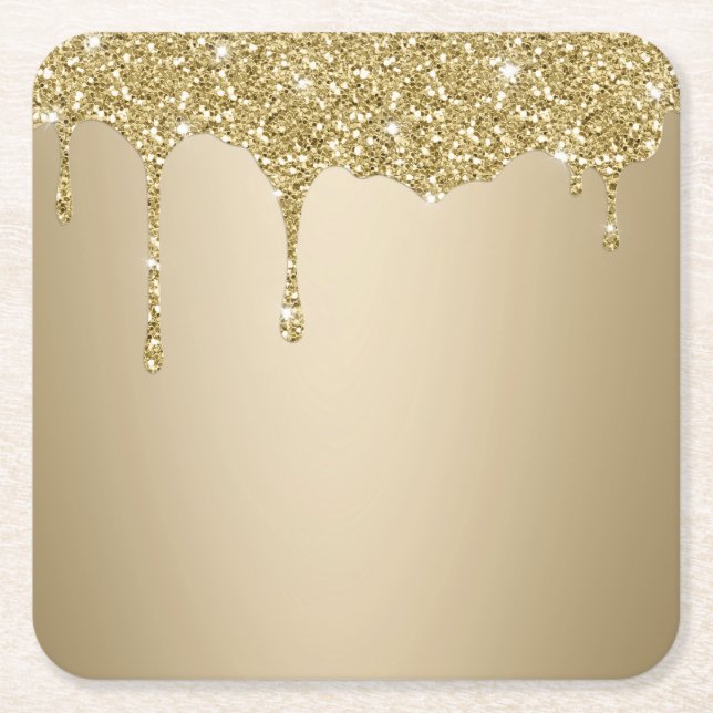 Elegant Melting Gold Glittery Glam Square Paper Coaster (Front)