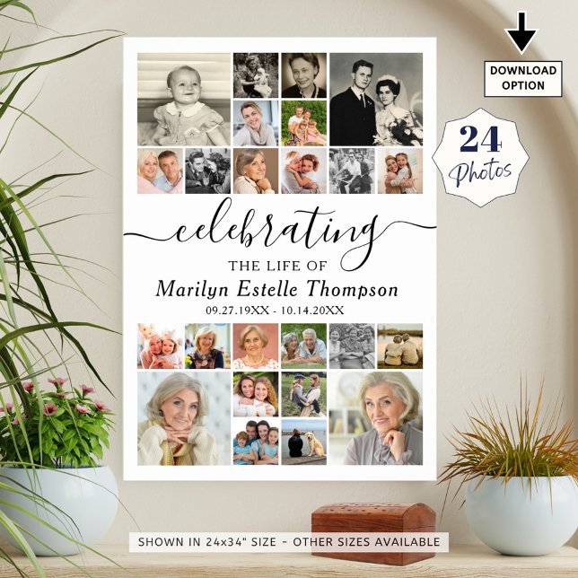 Elegant Memorial 24 Photo Celebrating Life Poster (Creator Uploaded)