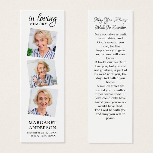 Elegant Memorial 3 Photo Funeral Poem Bookmark | Zazzle