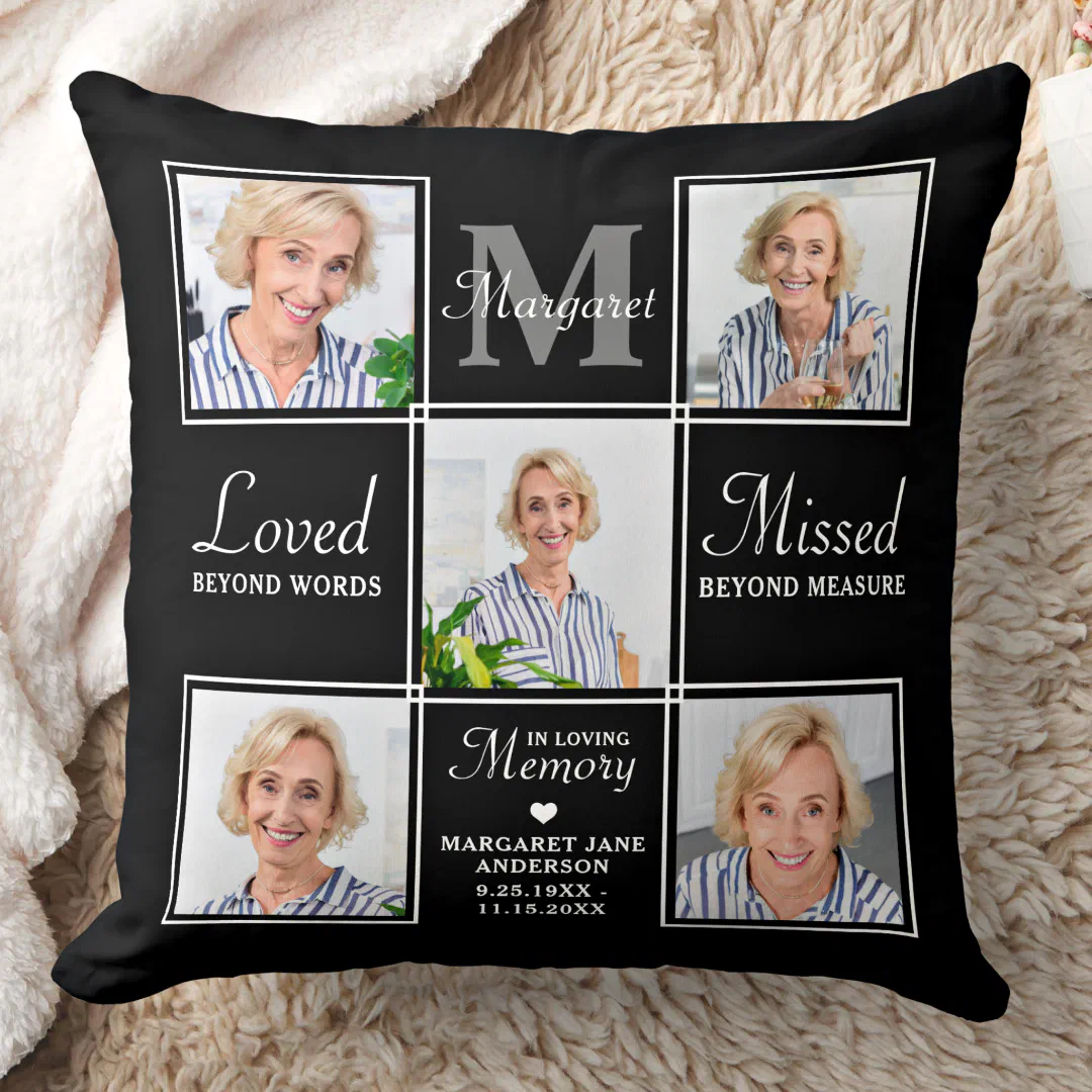 Elegant Memorial 5 Photo Collage Remembrance  Throw Pillow (Creator Uploaded)