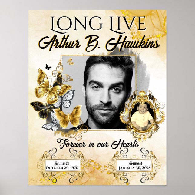 Elegant Memorial Black and Gold 2 Photos Funeral Poster (Front)