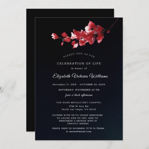 Elegant Memorial Black and Red Floral Invite 