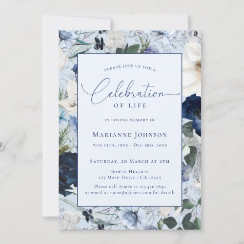 Elegant Memorial Blue Floral Celebration of Life Invitation