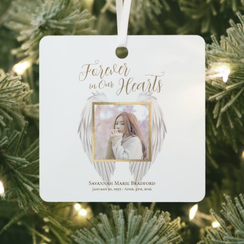 Elegant Memorial Forever in Our Hearts Photo Metal Ornament