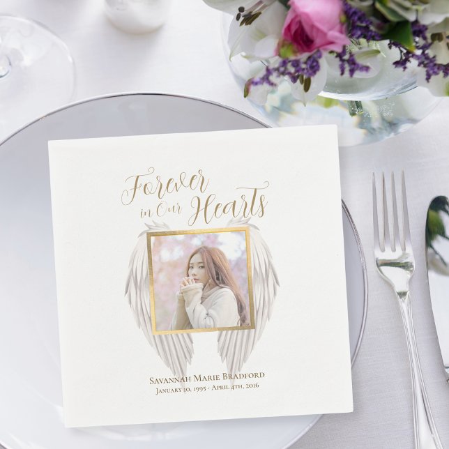 Elegant Memorial Forever in Our Hearts Photo Napkins (Creator Uploaded)