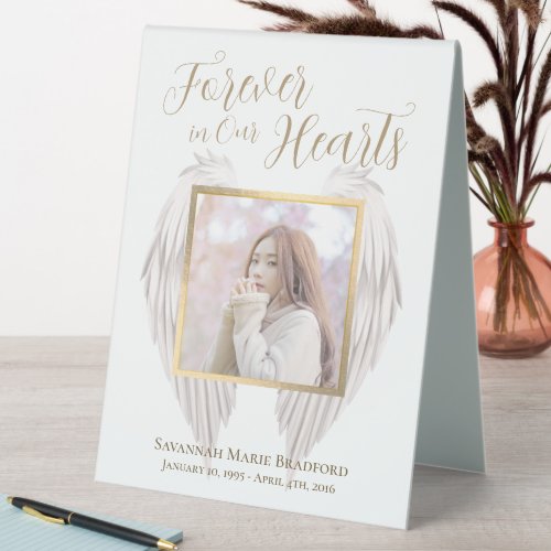 Elegant Memorial Forever in Our Hearts Photo Table Tent Sign