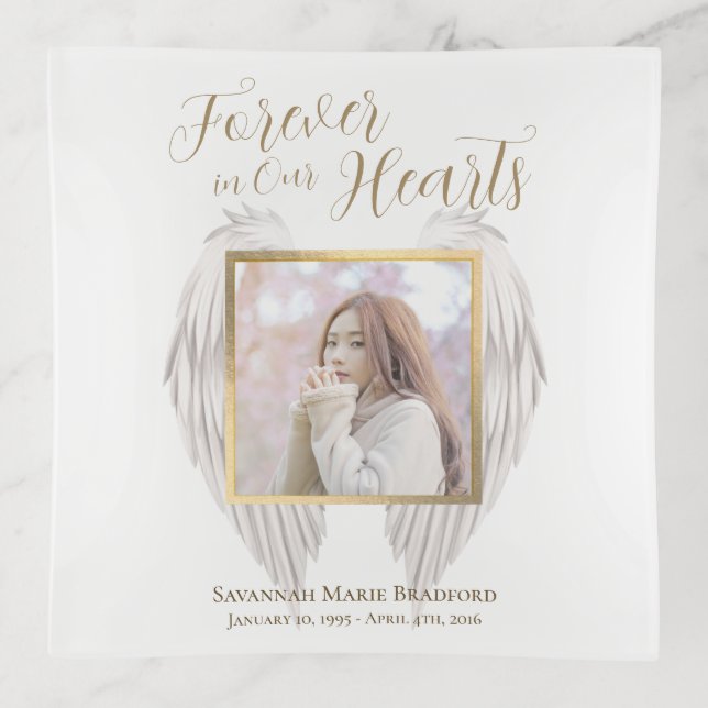 Elegant Memorial Forever in Our Hearts Photo Trinket Tray (Front)