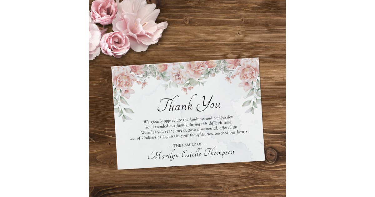 Elegant Memorial Funeral Pink Floral Watercolor Thank You Card | Zazzle