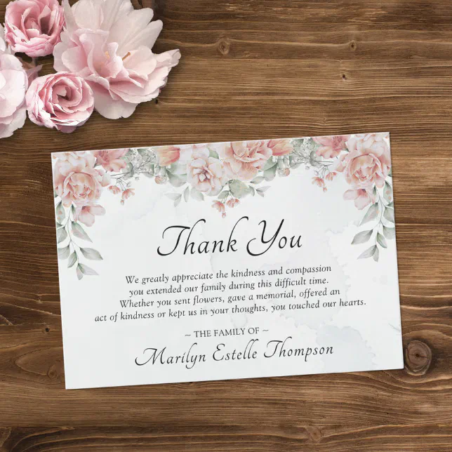 Elegant Memorial Funeral Pink Floral Watercolor Thank You Card | Zazzle