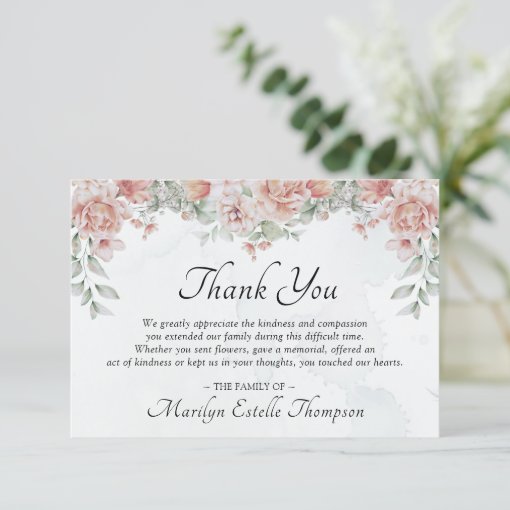 Elegant Memorial Funeral Pink Floral Watercolor Thank You Card | Zazzle