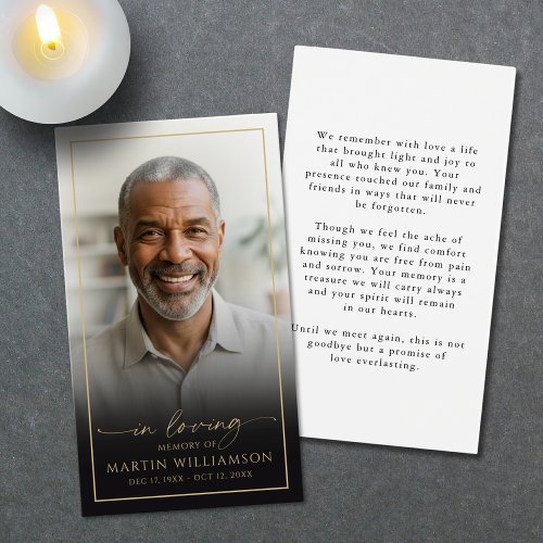 Elegant Memorial Photo Black Gold Prayer Card